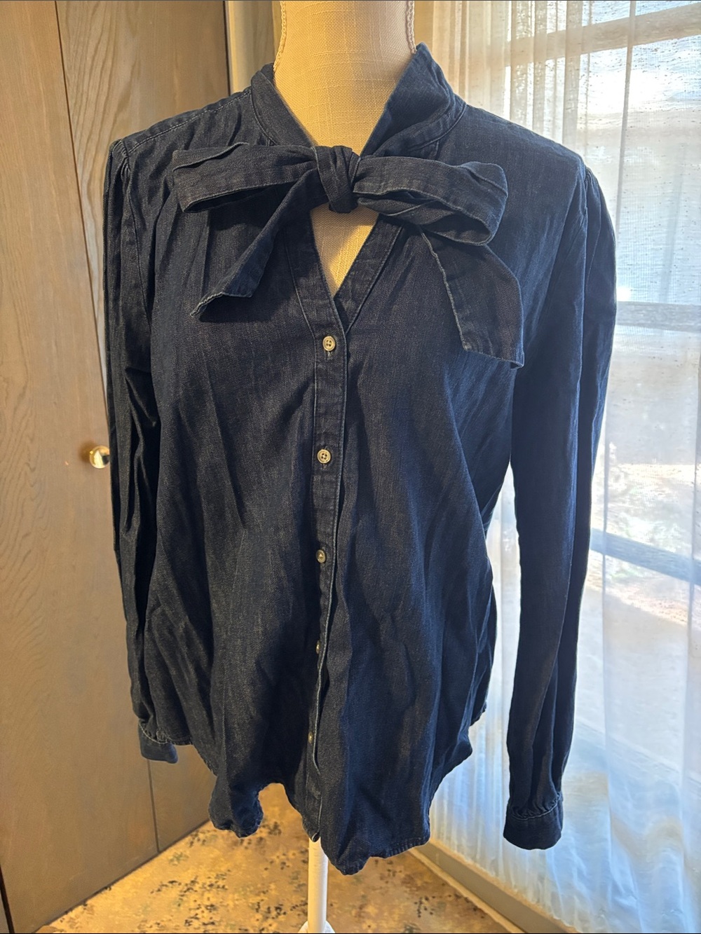 J Crew Denim Tie Neck Blouse Top Long Sleeve Retro 70s